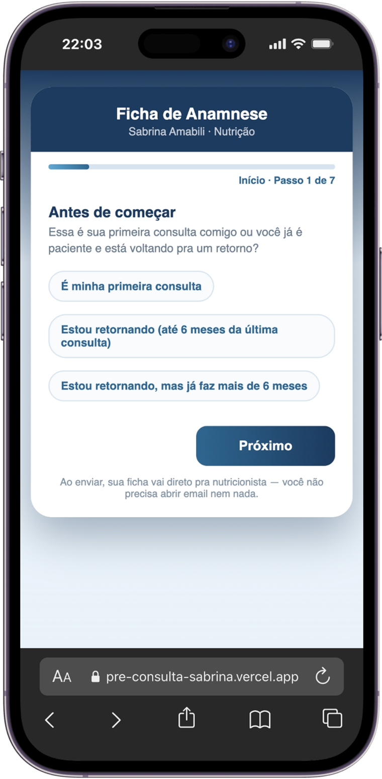 Pré-Consulta — ficha de anamnese que o paciente preenche pelo celular